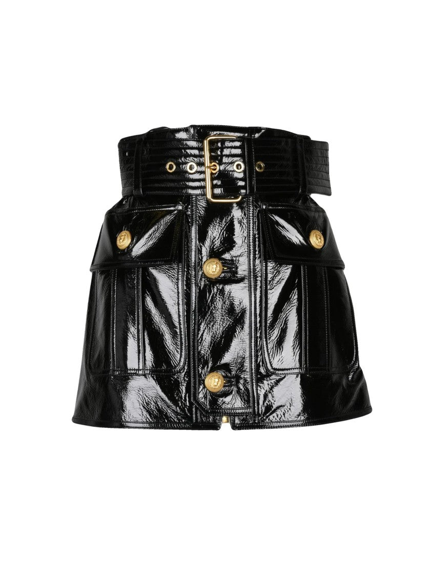 Balmain Flared Mini Skirt In Glossy Patent Leather