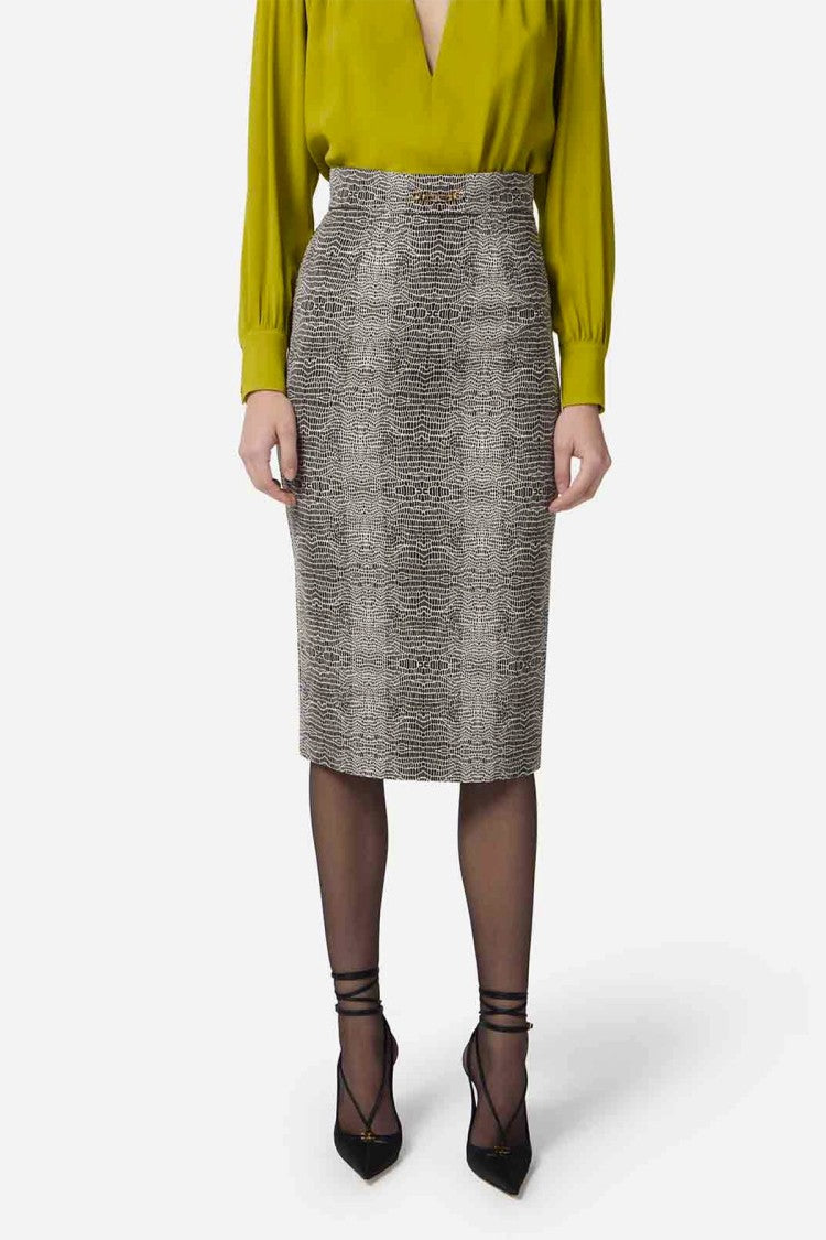 Elisabetta Franchi Grey Reptile-Print Gold Buckle Viscose-Blend Pencil Skirt