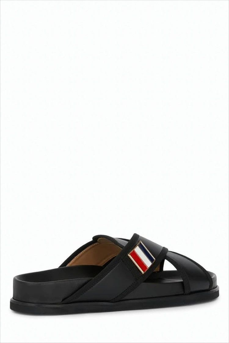 Thom Browne Black Calf Leather Sandals With Crossed Straps And Signature Emblem