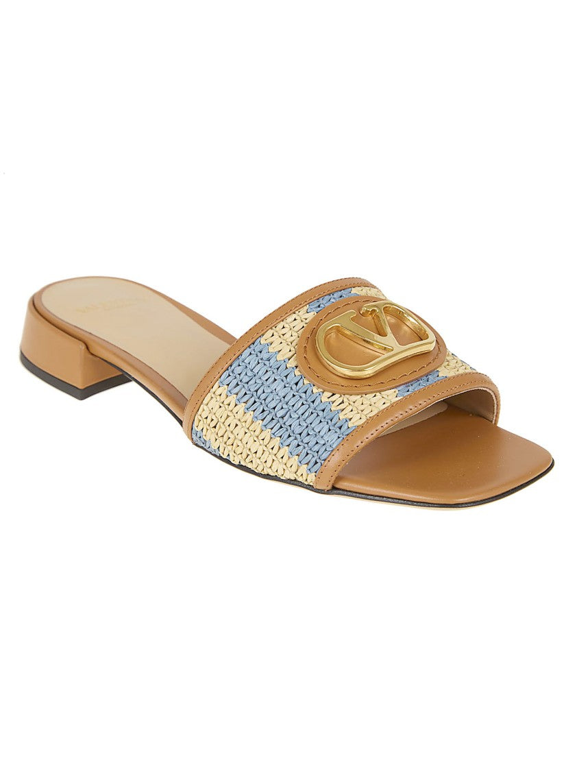 Valentino Garavani Slide Sandal With Crochet Rafia Stripes And Vlogo Signature