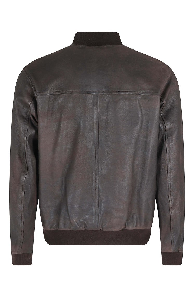 Hcr Dark Brown Vintage-Effect Ribbed Trim Leather Jacket