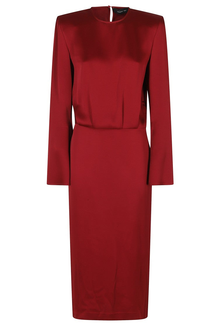 Federica Tosi Midi Red Slit Long Sleeve Satin Midi Dress