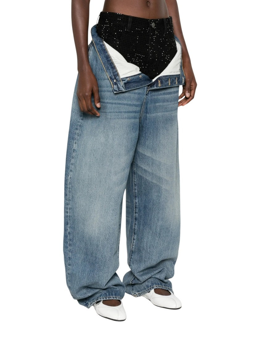The Attico Long Pant Wide-Leg Gathered-Hem Denim Pants