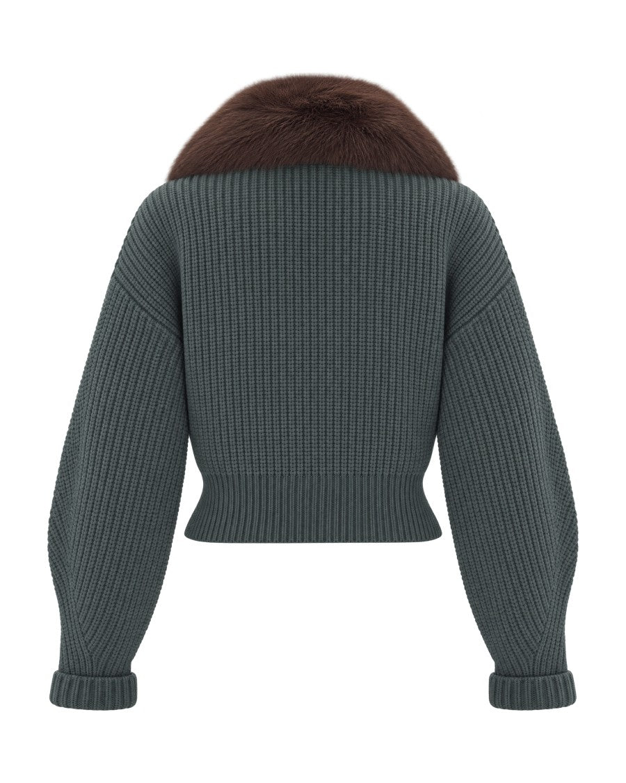 Liu Jo Cropped Dark Green Chunky Knit Bomber Jacket