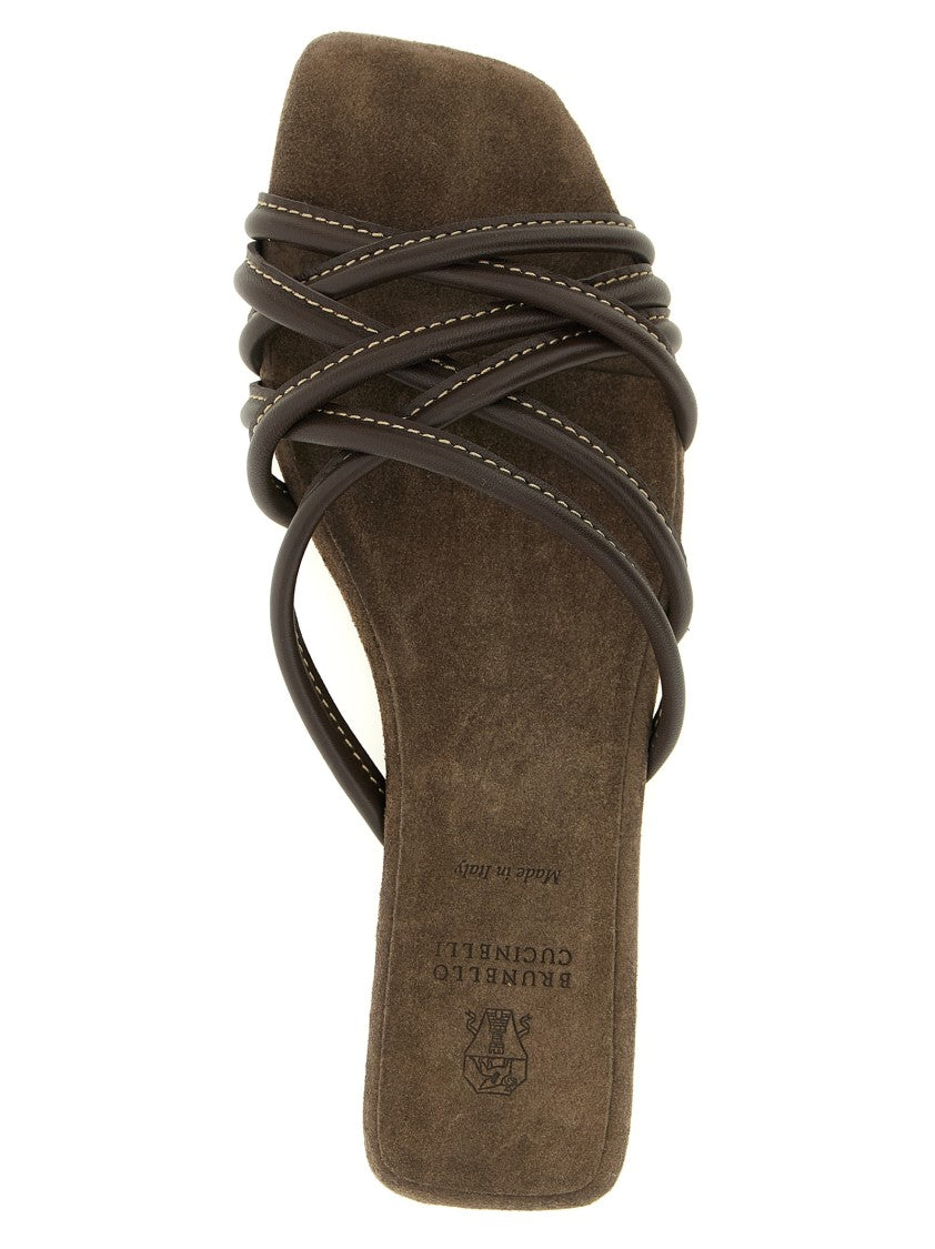 Brunello Cucinelli Brown Leather Slides With Minimalist Crisscross Straps