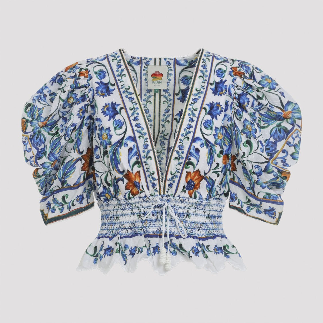 Farm Rio Floral-Pattern Cotton Blouse With Puff Sleeves