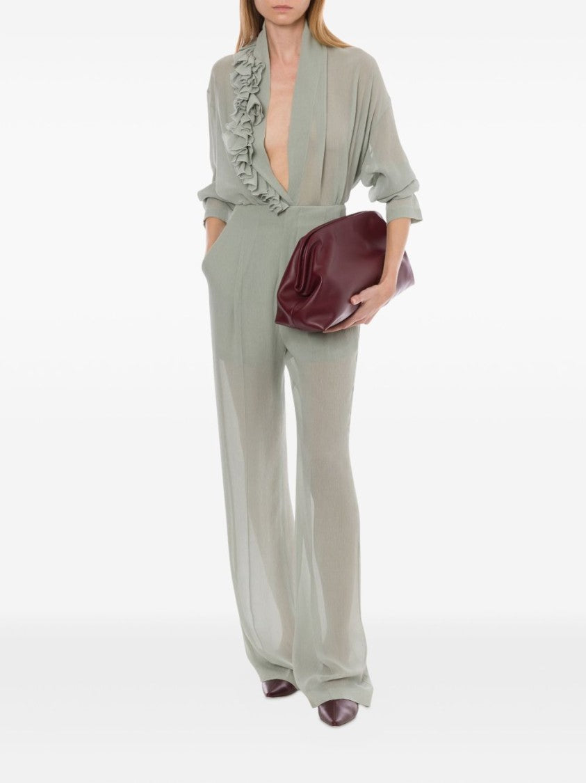 Alberta Ferretti Light Gray Ruffle Blouse With Deep V-Neckline