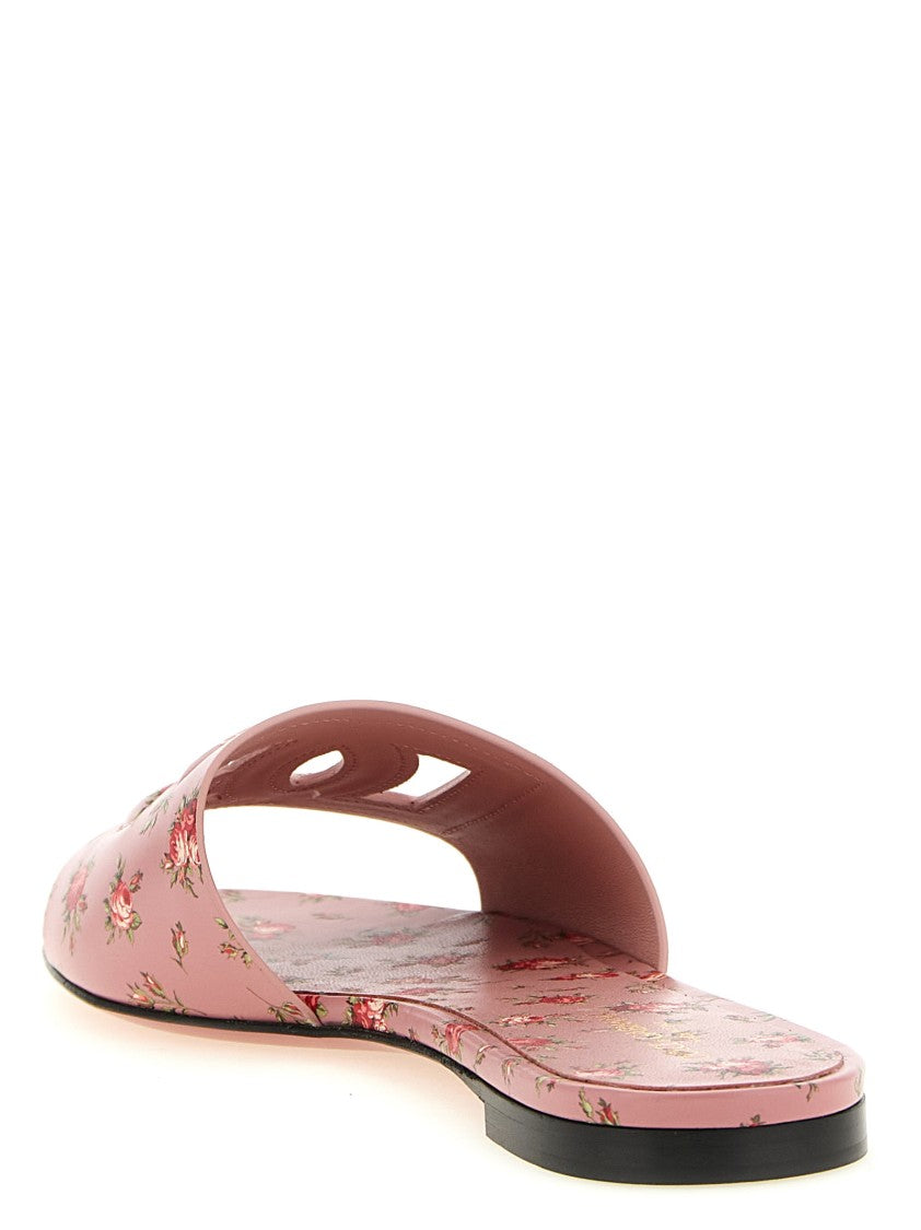 Dolce & Gabbana Rose Print Calf Leather Slides
