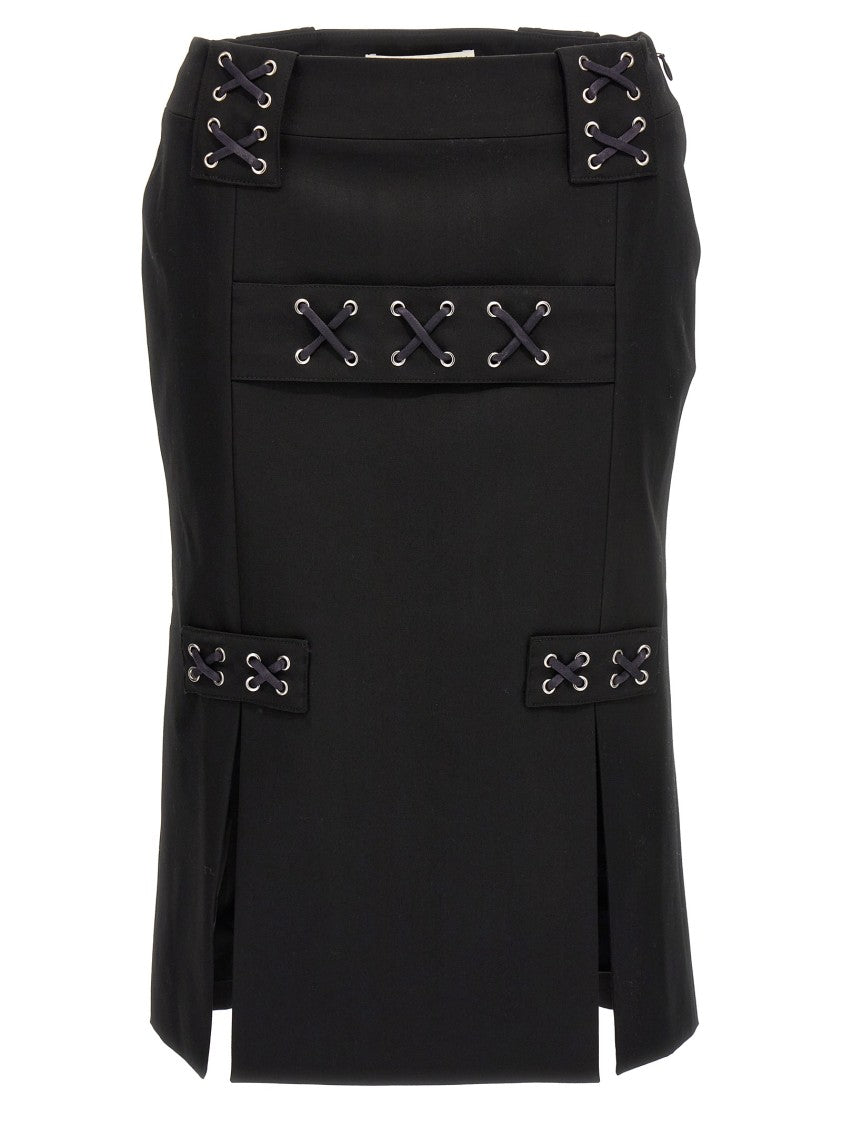 Alessandra Rich Lace-Up Wool Blend Skirt With Side Zip Closure