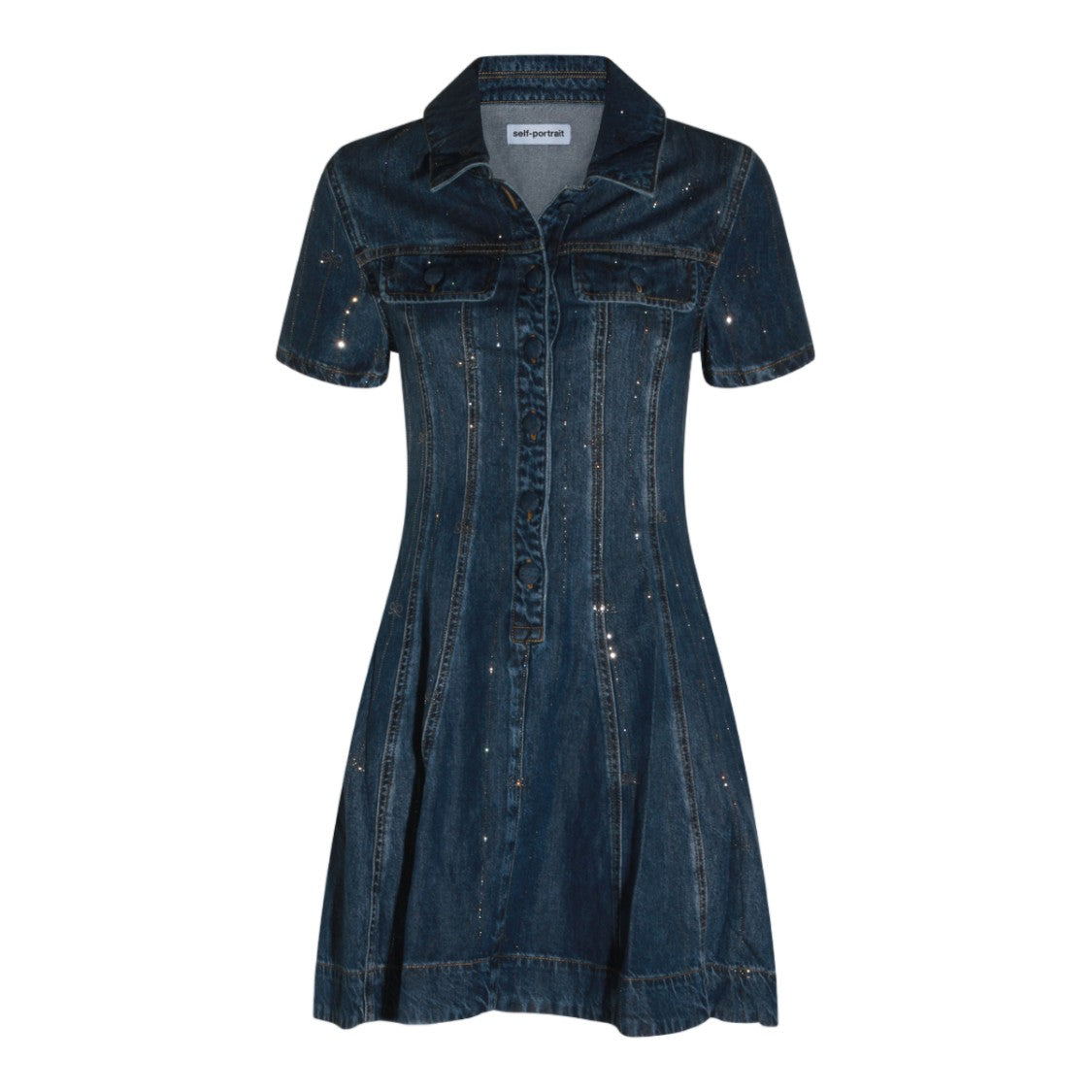 Self-Portrait Fitted Denim Mini Dress With Collared Neckline And Sparkling Accents