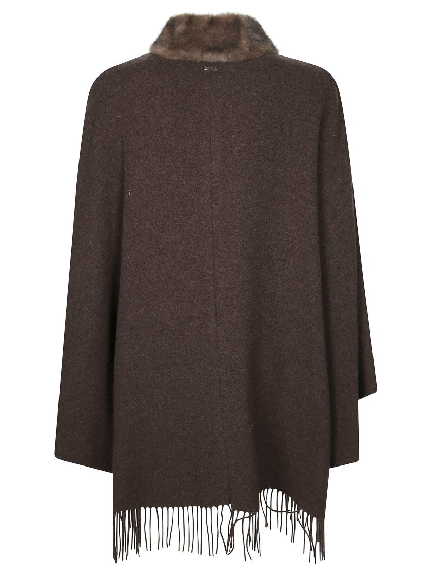 Herno Plush Fur Collar Fringed Cape