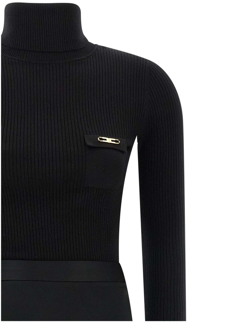 Elisabetta Franchi Ribbed Turtleneck Midi Dress With Flared Satin Skirt