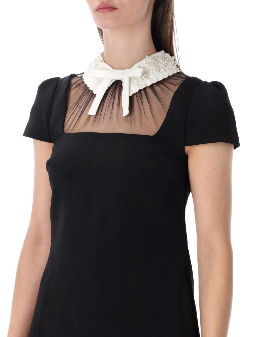 Self-Portrait Bow Collar Pearl Crepe Mini Dress