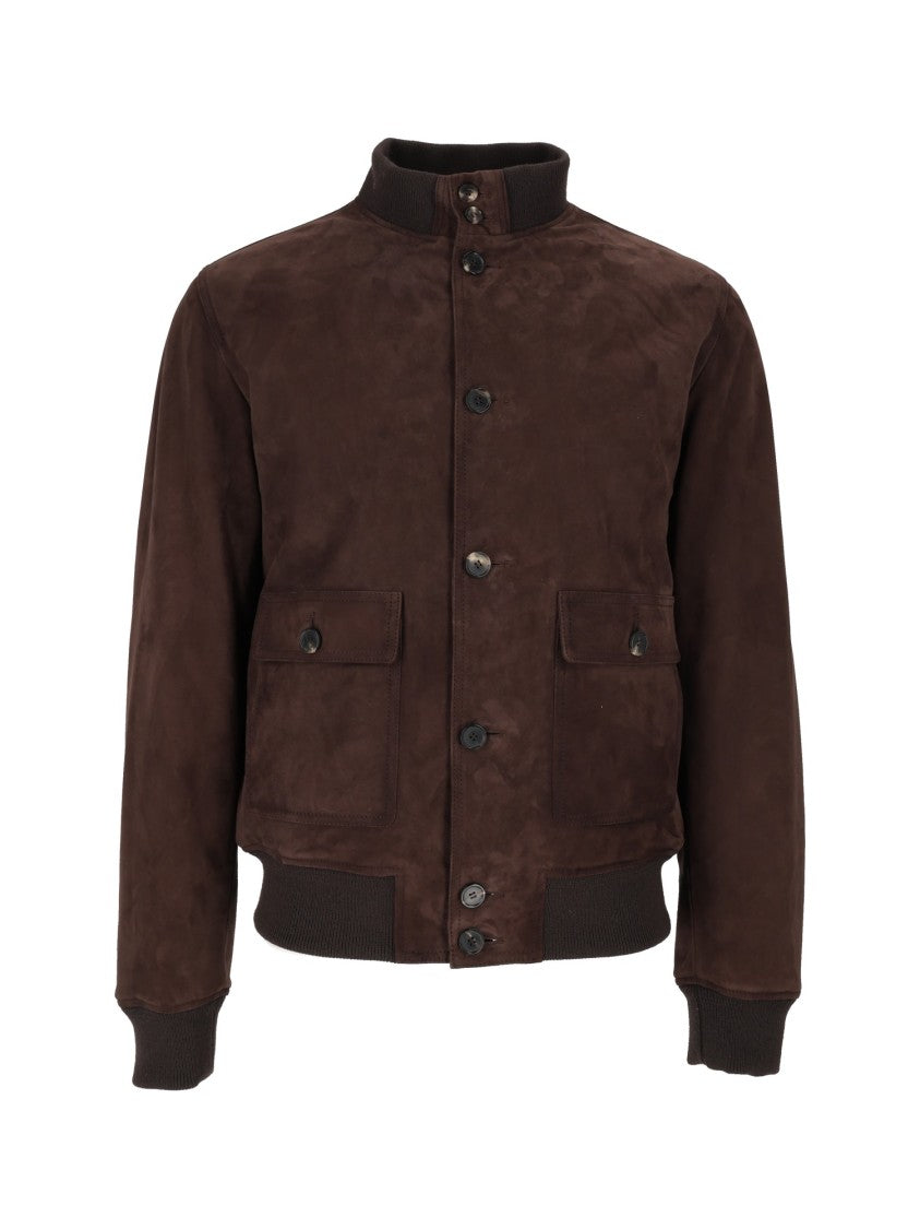 Stewart Suede Leather Bomber Jacket With Ribbed Knit Details