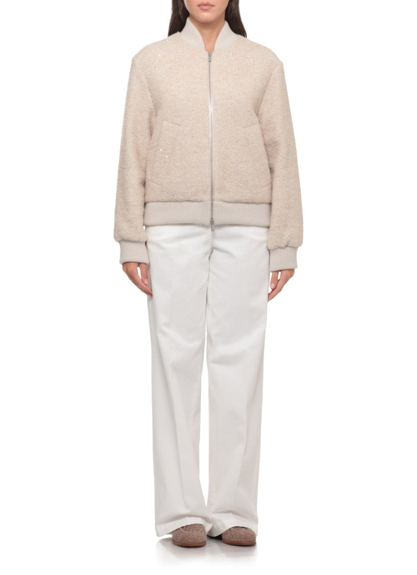 Peserico Beige Sequined Jacket With Ribbed Detailing And Zip Closure