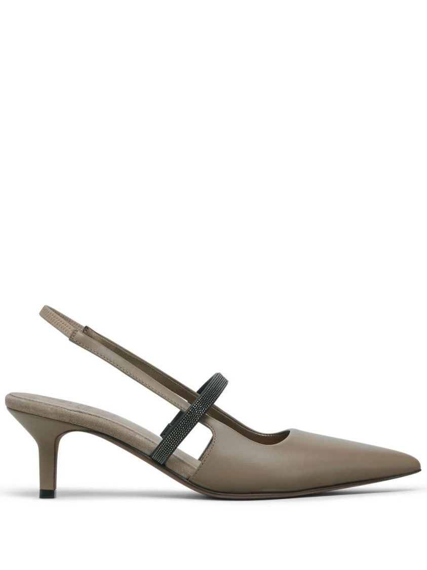 Brunello Cucinelli Pointed-Toe Slingback Shoes With Monili Chain Detail