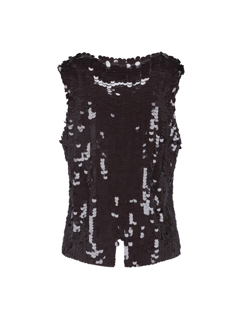 Parosh Sleeveless Sequin-Embellished Brown Top With Deep Scoop Neckline