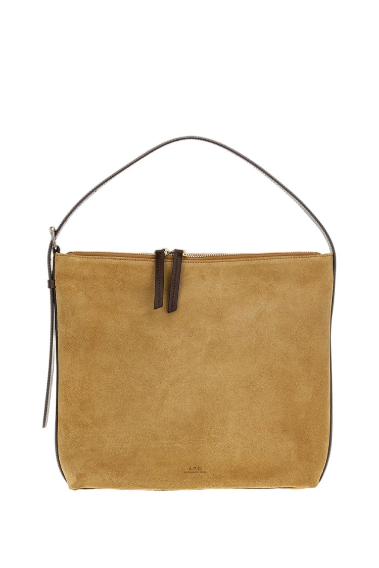 A.P.C. Beige Suede Leather Shoulder Bag With Adjustable Strap And Gold Accents