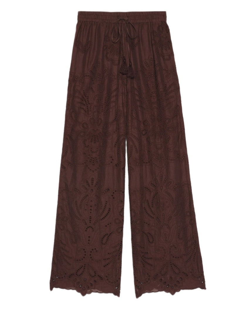 Ermanno Firenze Wide-Leg Muslin Trousers With Sangallo Embroidery And Tassel Drawstring