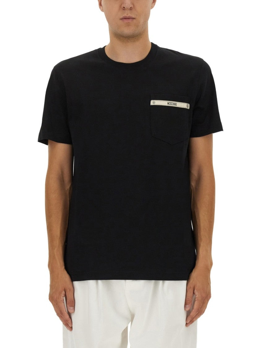 Moschino Logo Ribbon Pocket T-Shirt In Black Cotton