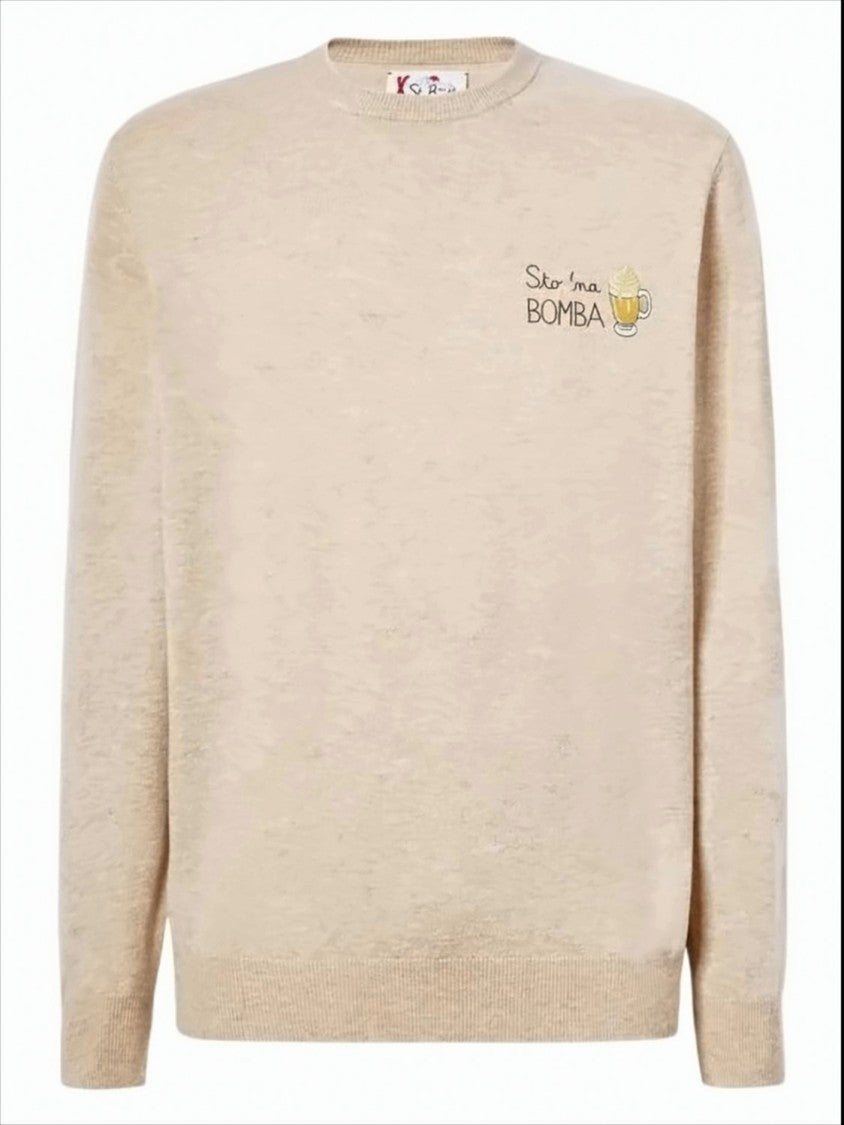 Mc2 Saint Barth Beige Crewneck Sweater With Embroidered Graphic