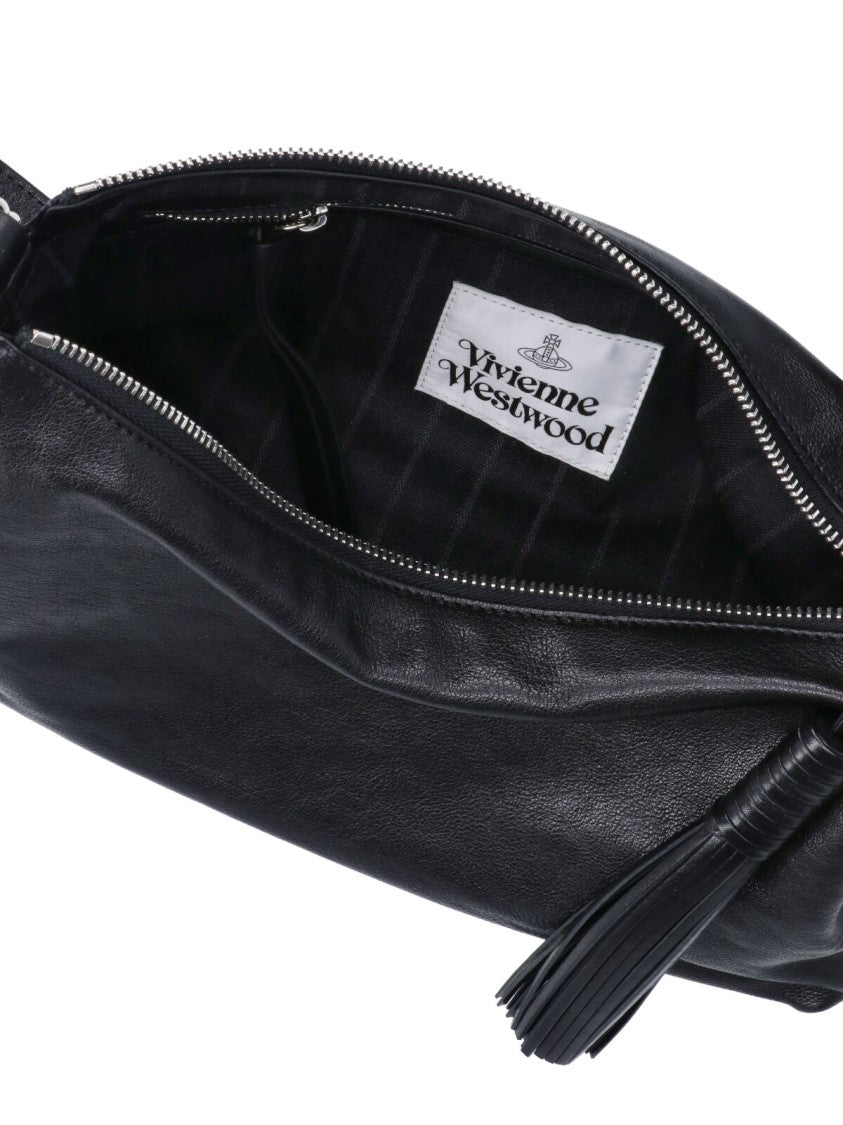 Vivienne Westwood Black Leather Shoulder Bag With Zip Closure And Orb Emblem