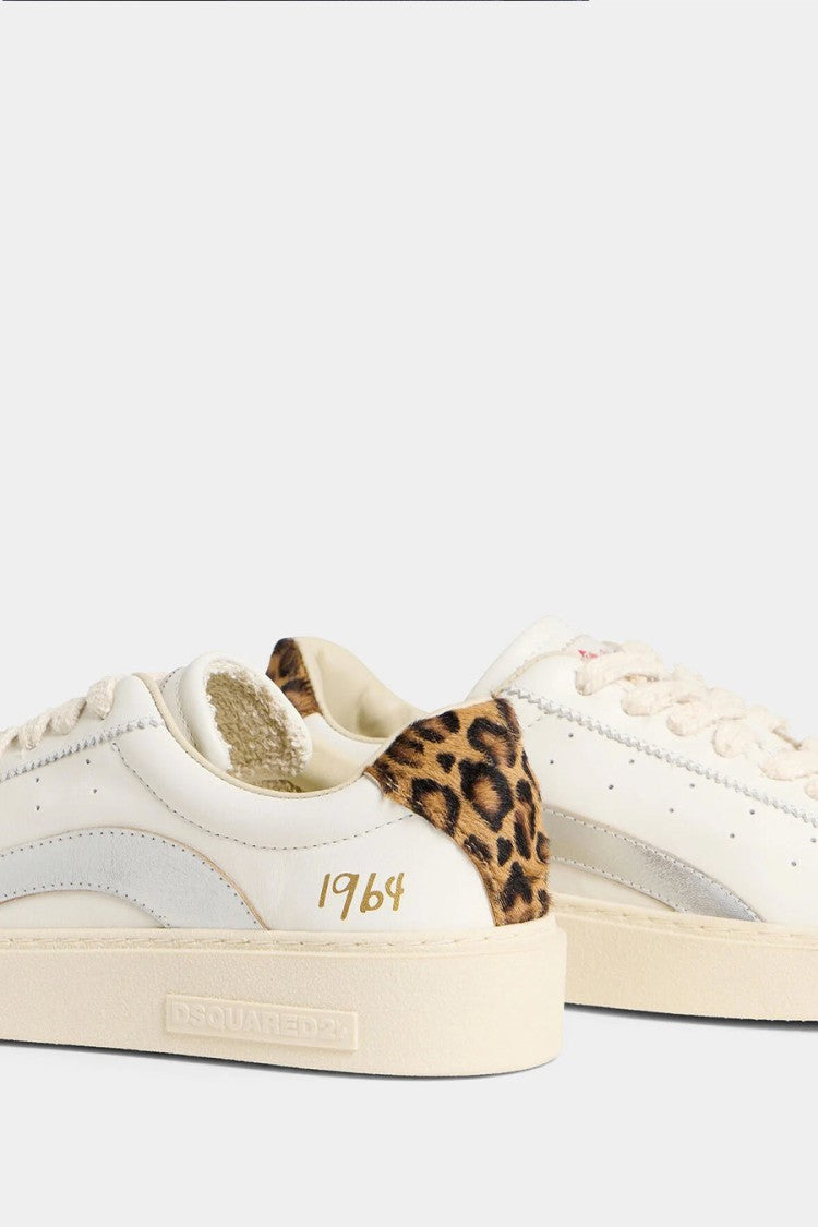 Dsquared2 White Leopard-Print Heel Tab Metallic Panel Leather Sneakers