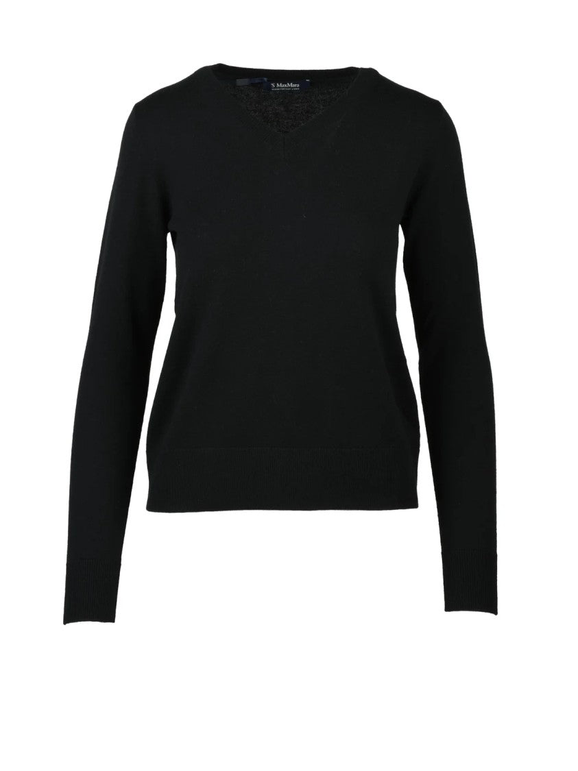 Max Mara V-Neck Black Wool Pullover With Ribbed Details