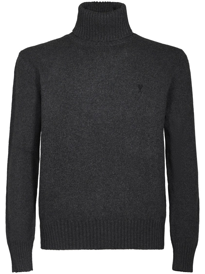 Ami Cashmere Turtleneck Sweater With Ribbed Details