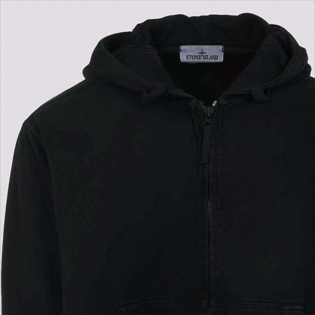 Stone Island Black Cotton Zip-Up Hoodie With Iconic Patch