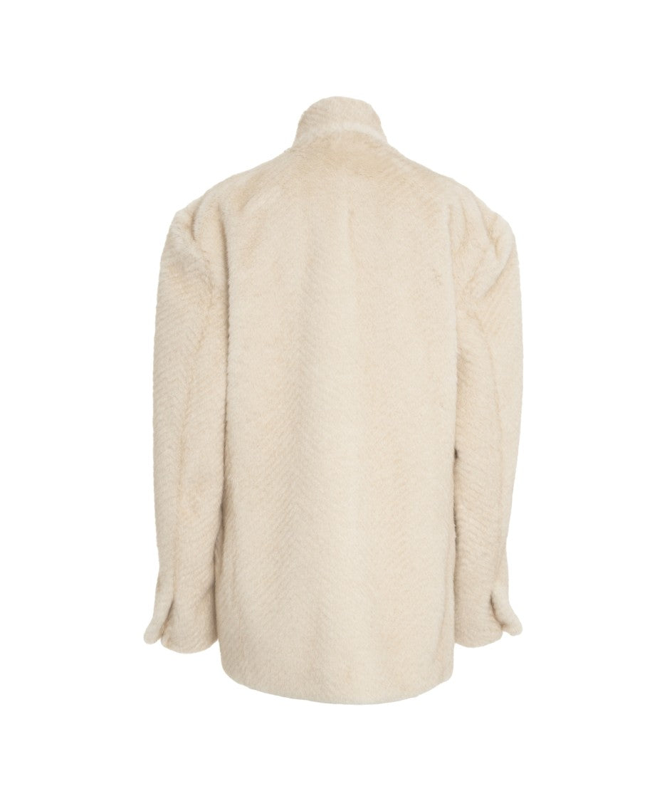 Forte Dei Marmi Couture Structured Beige Faux Fur Jacket With Houndstooth Pattern