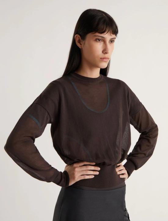 Paloma Wool Semi-Sheer Brown Sweater With Gathered Waist And Cuffs