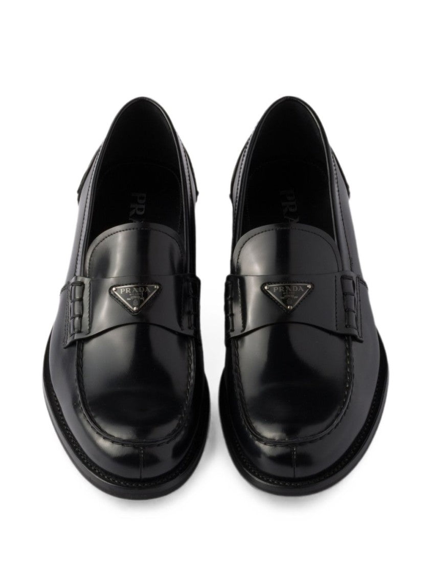 Prada Polished Leather Triangular Logo Loafers
