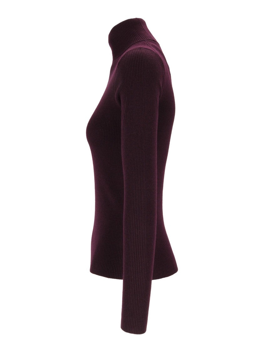 Mc2 Saint Barth Aubergine Erika Merino Ribbed Fitted Wool Turtleneck Sweater