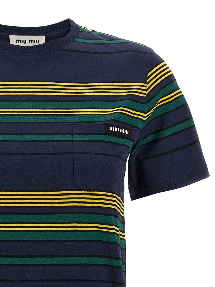 Miu Miu Horizontal Striped Cotton Jersey T-Shirt With Logo Patch