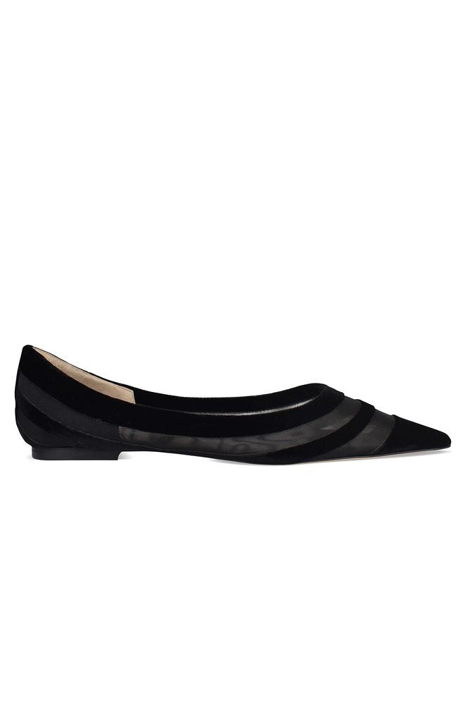 Jimmy Choo Black Velvet And Fishnet Canvas Flat Ballerinas