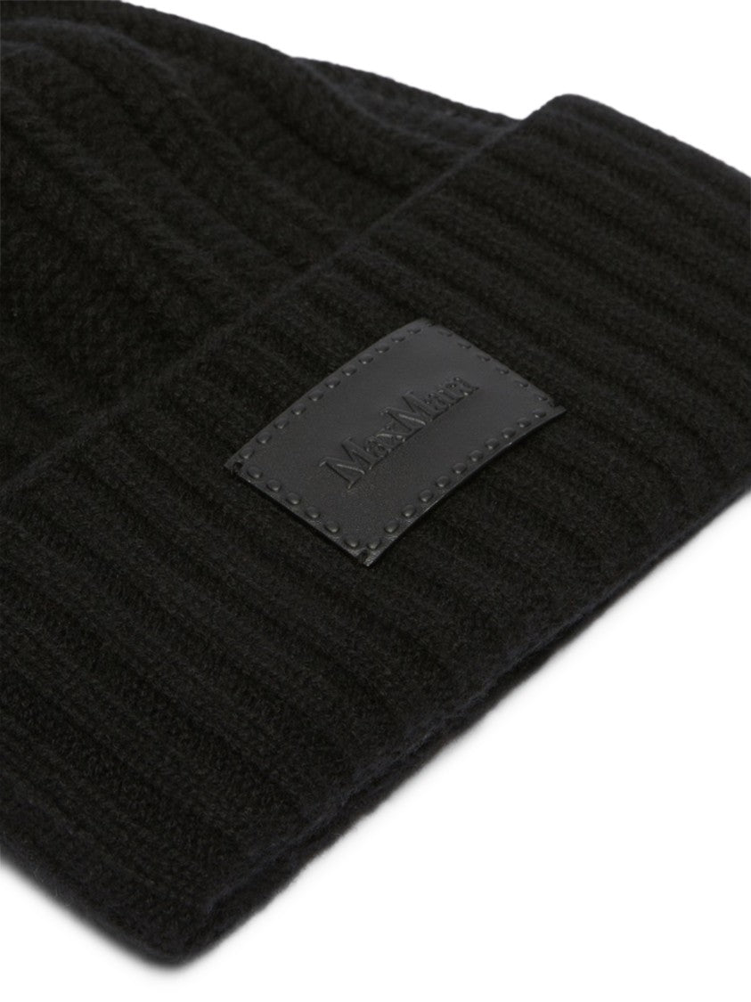 Max Mara Ribbed Knit Beanie With Leather Patch Detail