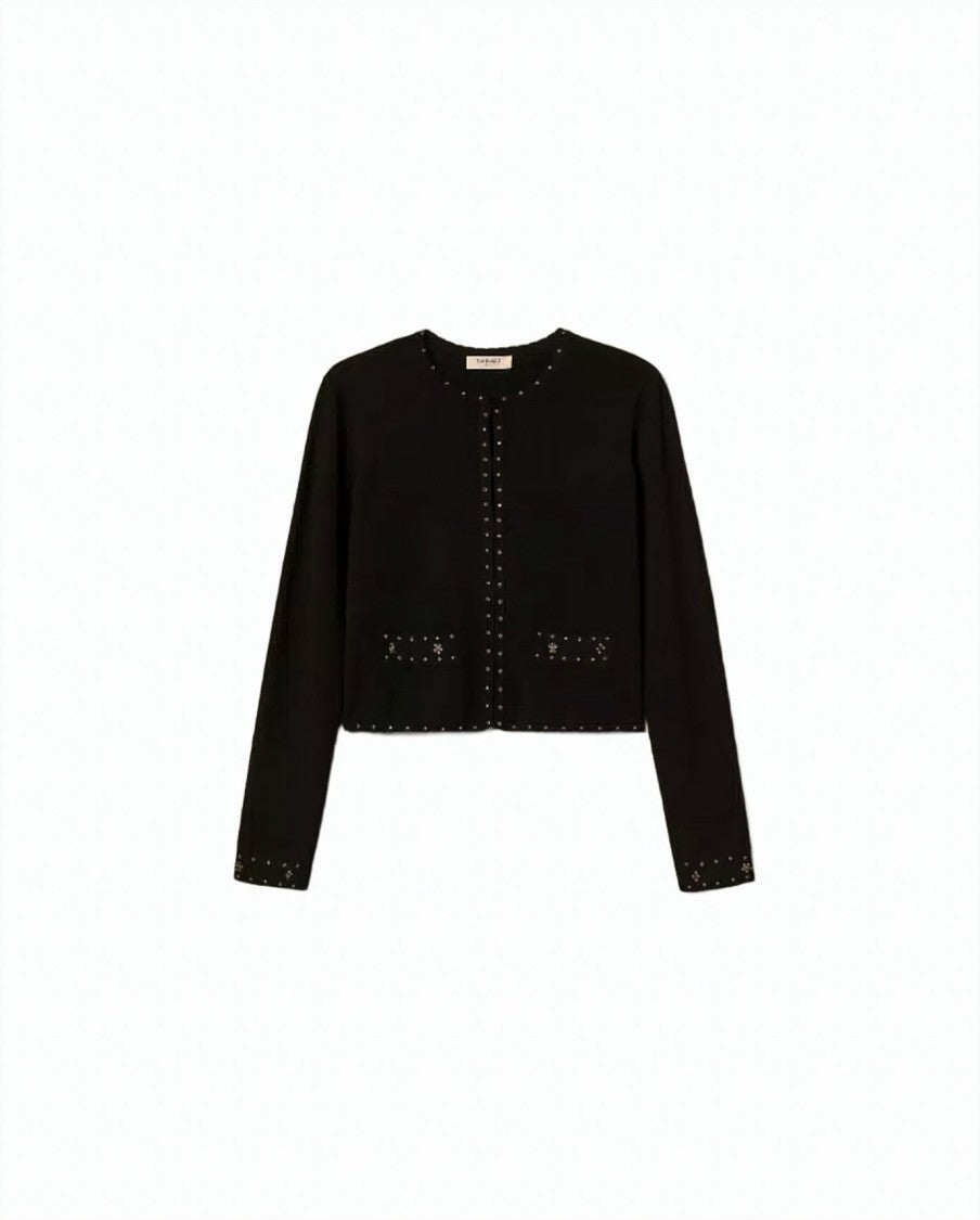 Twin-Set Black Rhinestone Studded Viscose-Blend Knit Cardigan