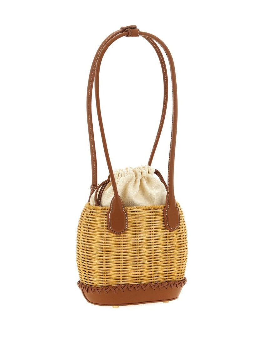 Self-Portrait Light Brown Woven Handbag With Drawstring Closure And Charm