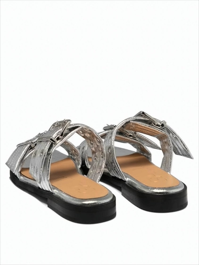 Ganni Metallic Silver Flat Mules With Wide Straps And Buckle Accents