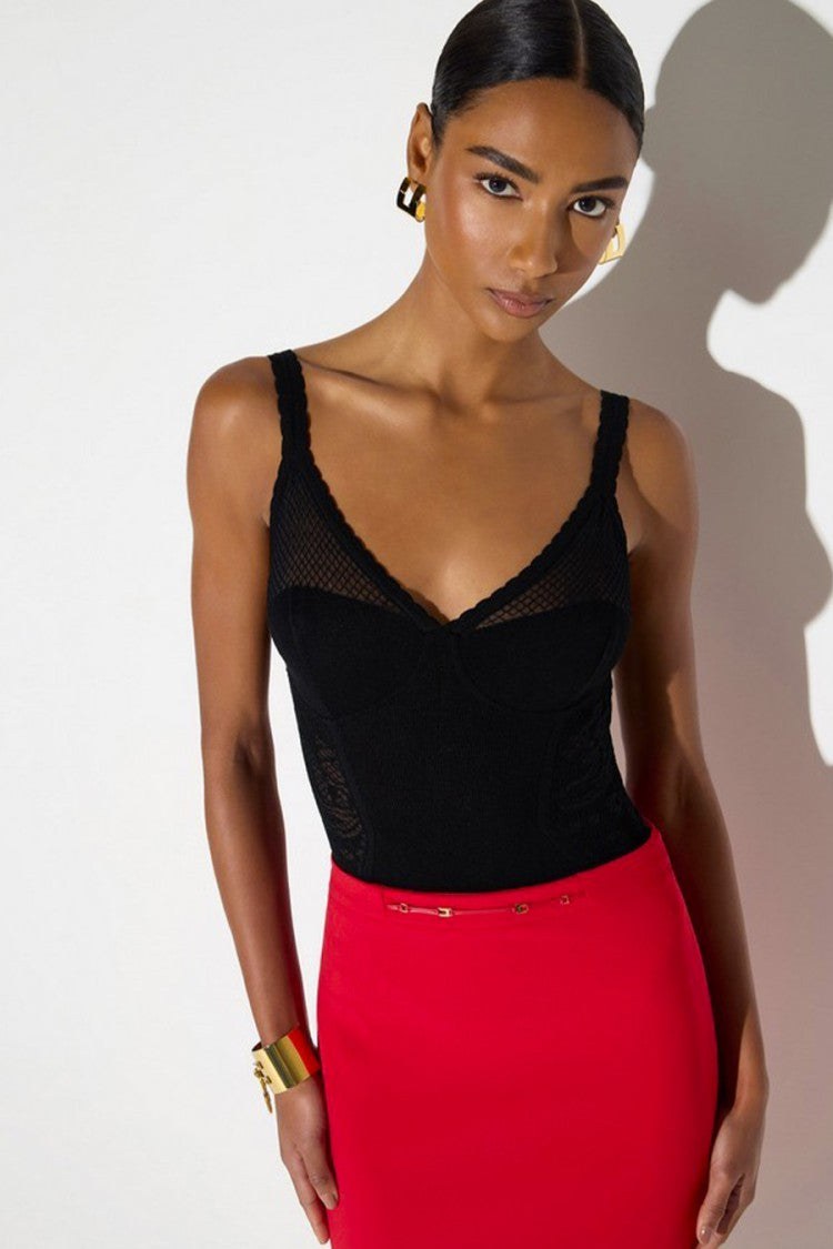 Elisabetta Franchi Black Underwire Sheer Lace Panels Viscose-Blend Bodysuit