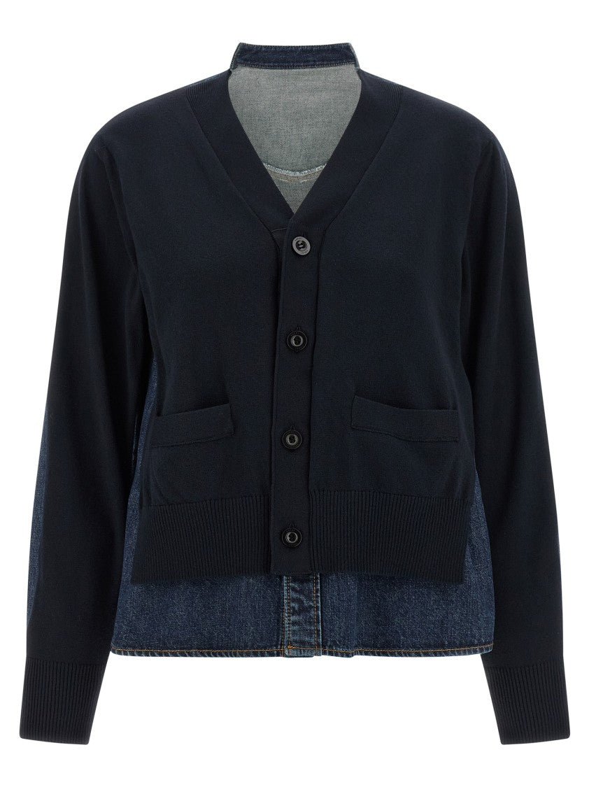 Sacai Shirt-Style Cardigan With Asymmetrical Hem And Contrast Stitching