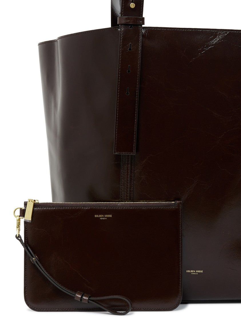 Golden Goose Textured Dark Brown Leather Shopping Bag