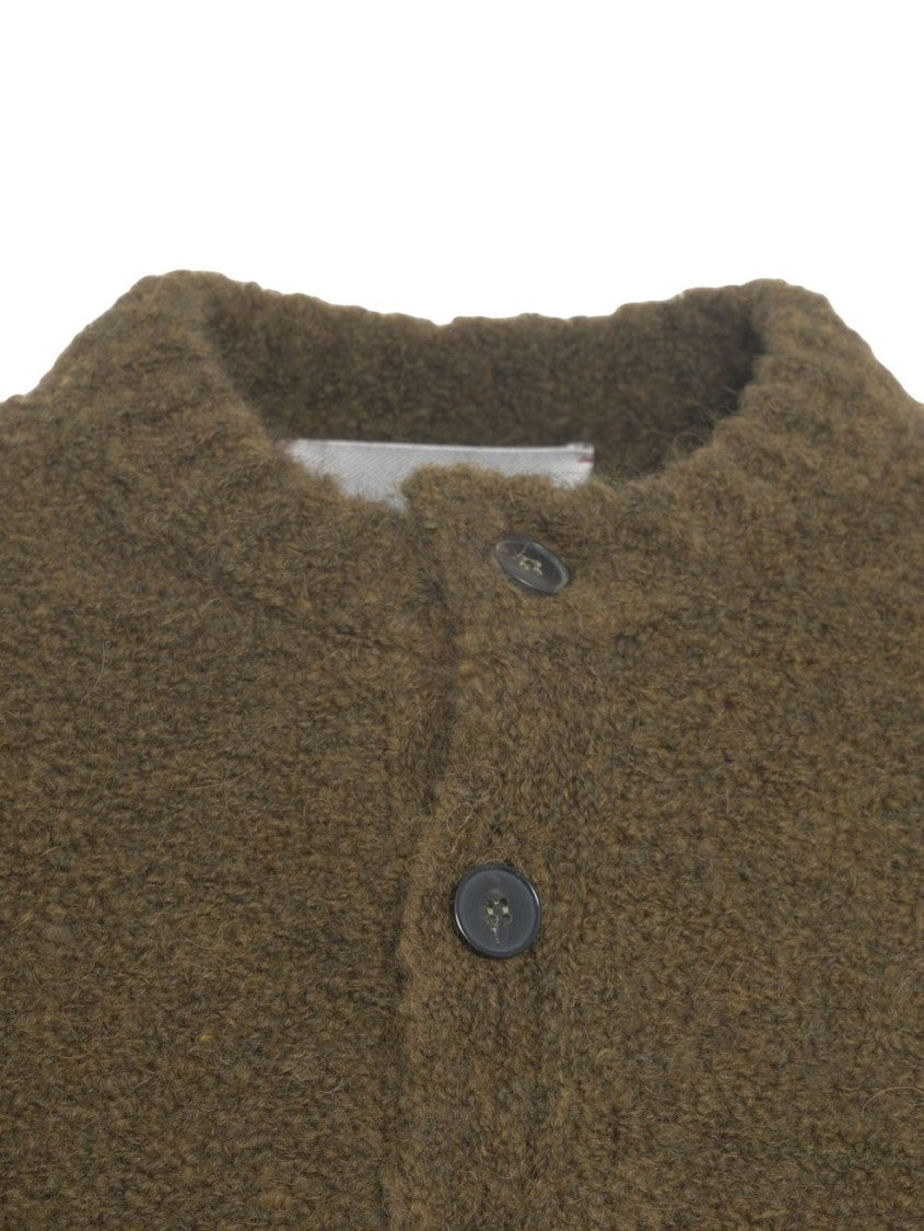 Amaranto Green Knit Sweater With Stand-Up Collar And Button Closure