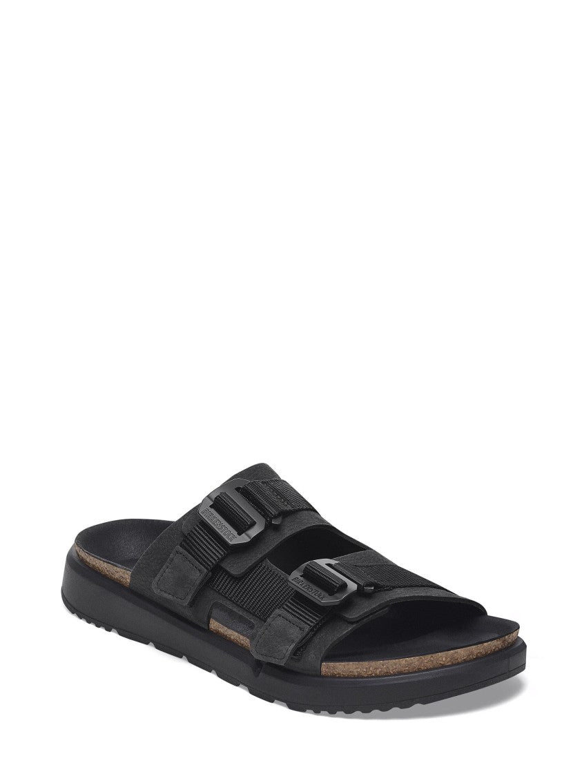 Birkenstock Two-Strap Black Sandals In Nubuck Leather And Textile