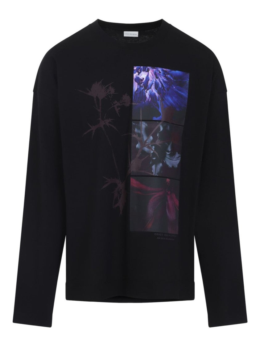Dries Van Noten Black Long Sleeve Graphic Floral T-Shirt