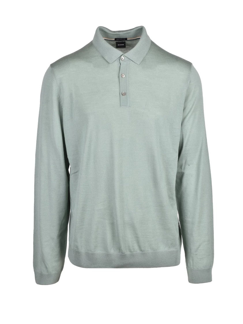 Boss Sage Green Virgin Wool Long-Sleeve Polo Shirt