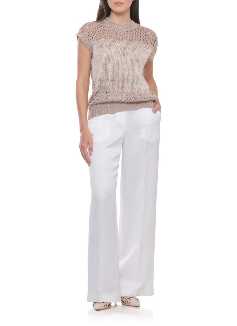 Peserico Ivory Cotton Sequined Perforated Knit Top