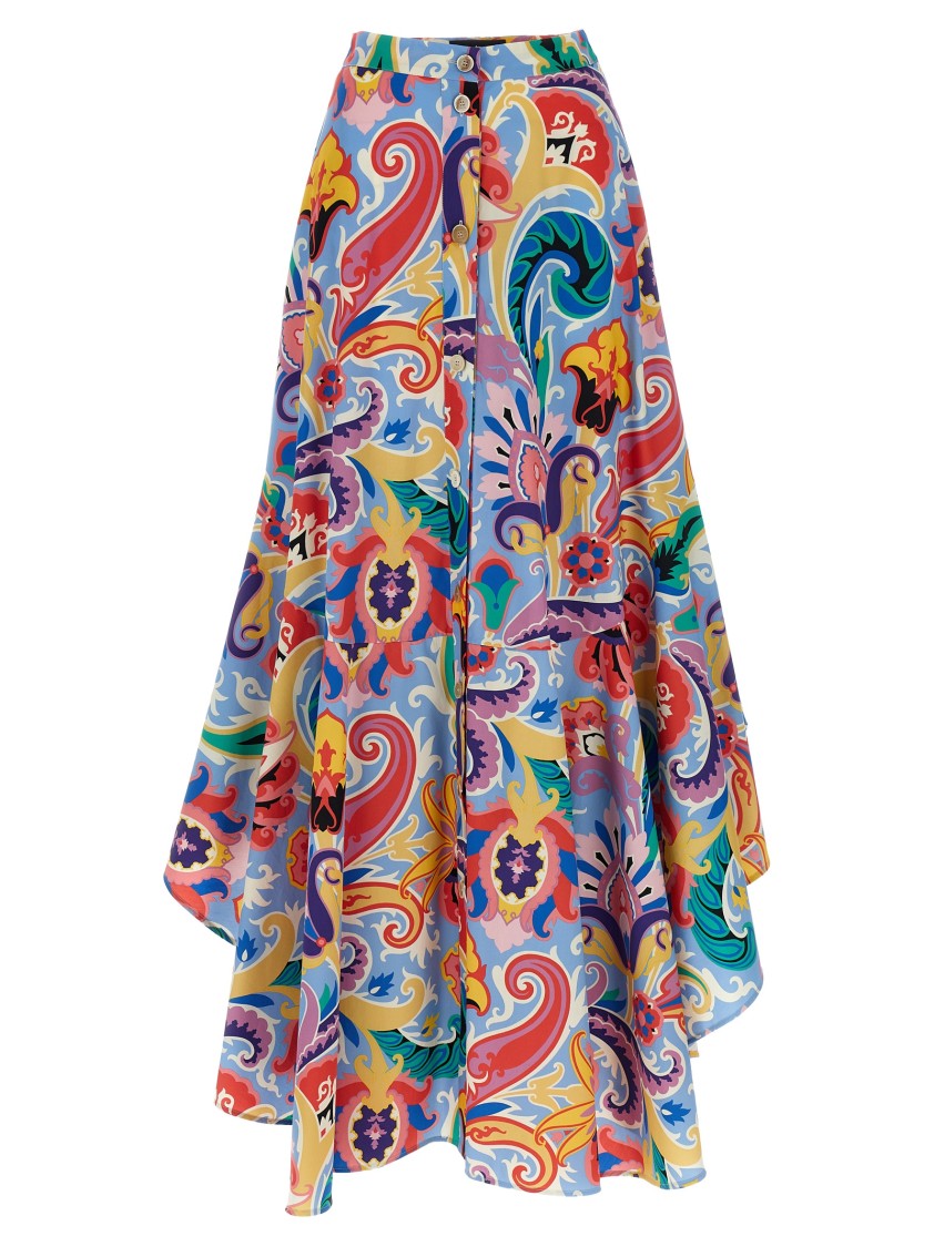 Etro Vibrant Paisley Print Cotton Skirt With Side Flounces And Button Closure