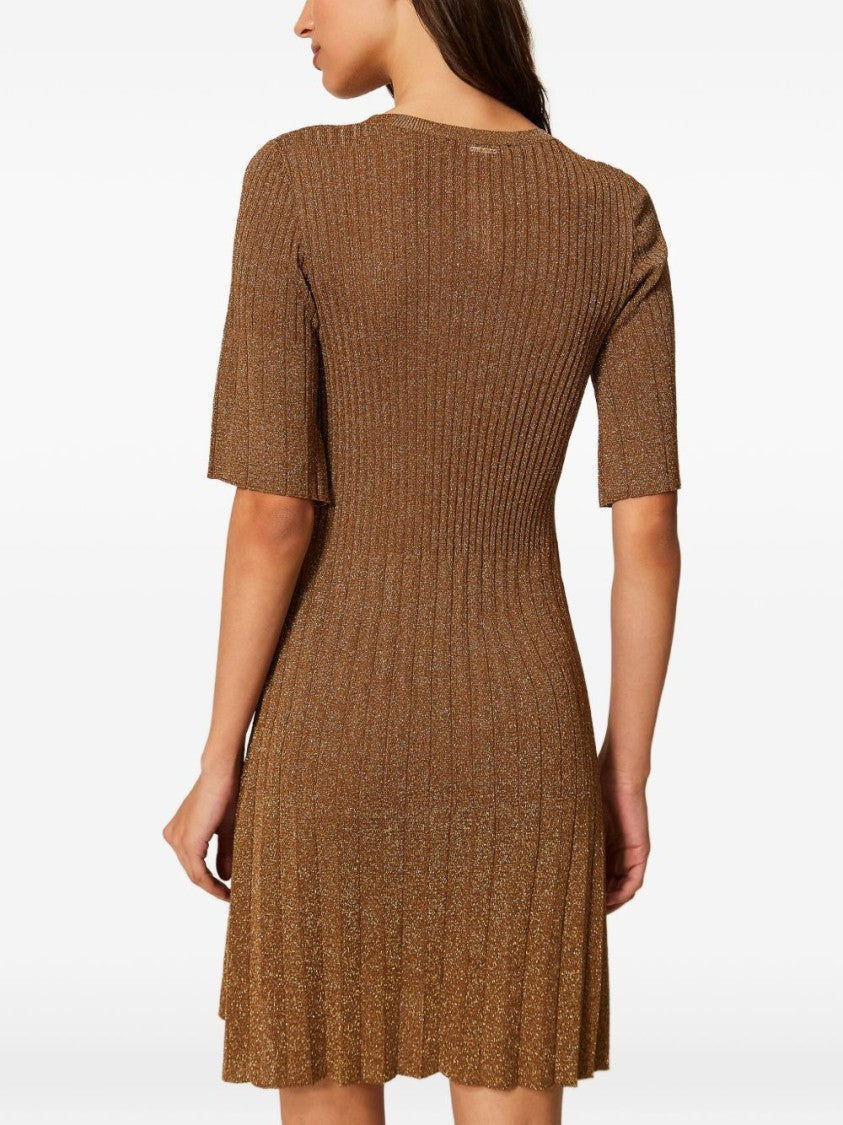 Twin-Set Brown Ribbed Flutter Sleeve Day Dress